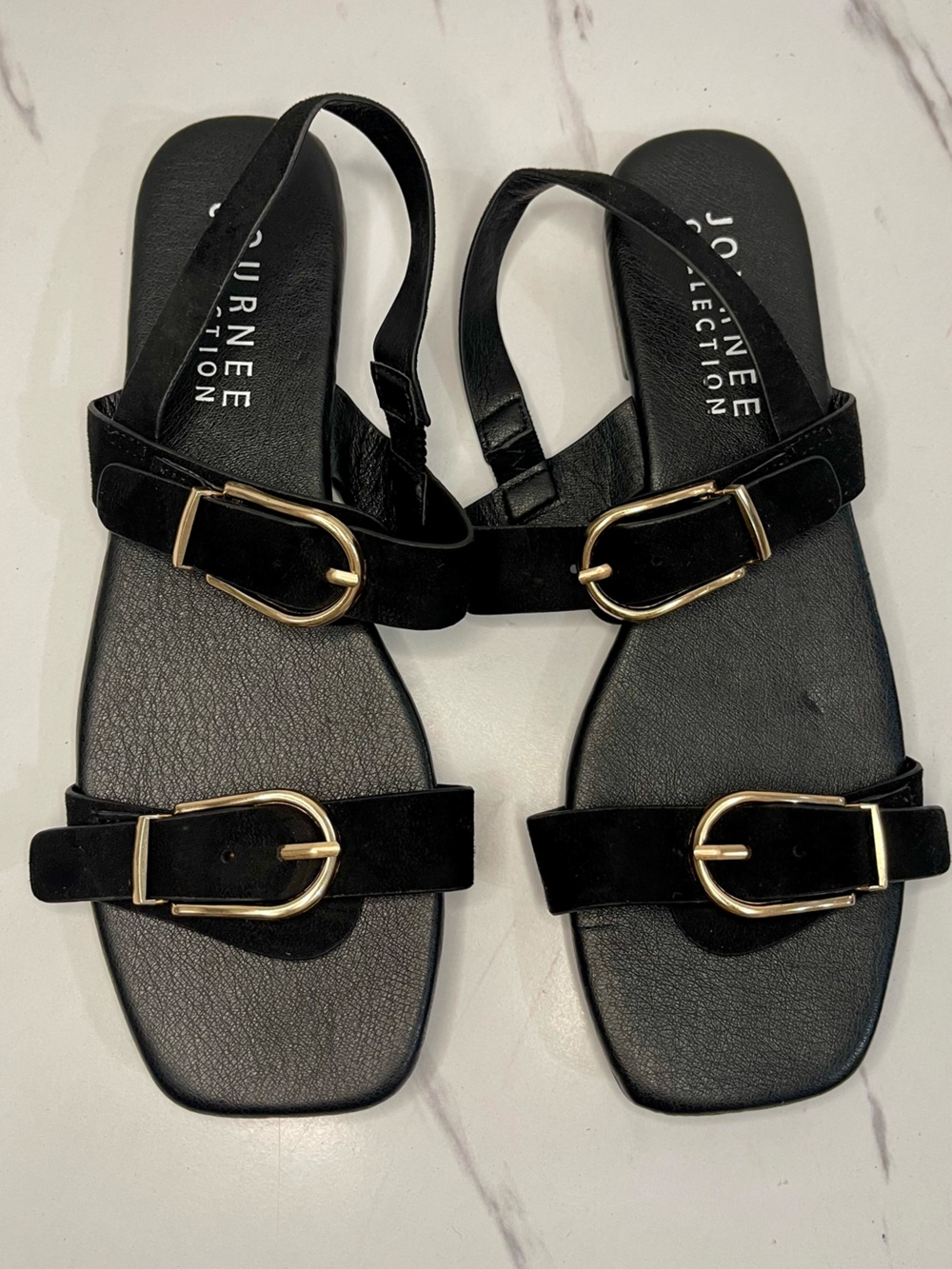 Journee Collection Women's Twylah Low Stacked Heel Sling Back Sandals Black 7.5M